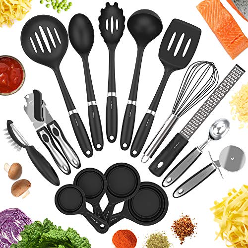 Vremi 15 Piece Kitchen Gadgets Set - 5 pc Cooking Utensils 4 pc Measuring Cups with Whisk Can Opener Pizza Cutter Cheese Grater Ice Cream Scoop Veggie Peeler - Small Prep Tools for Camping or Travel