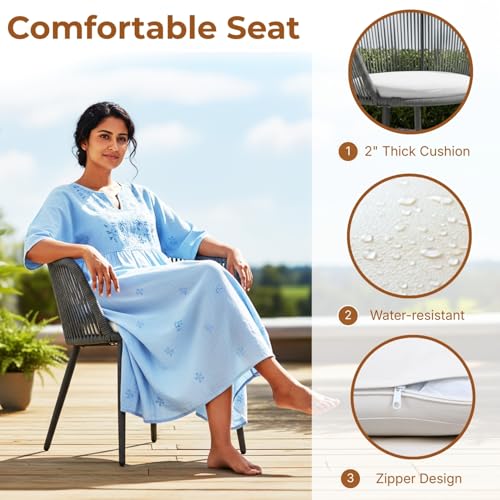 Image of DEVOKO 3 Piece Outdoor Rope Furniture Set - Patio Seating Chair and Table Set with 2 Chairs and 1 Table, Balcony Coffee Table Set (Dark Grey and Off-White)