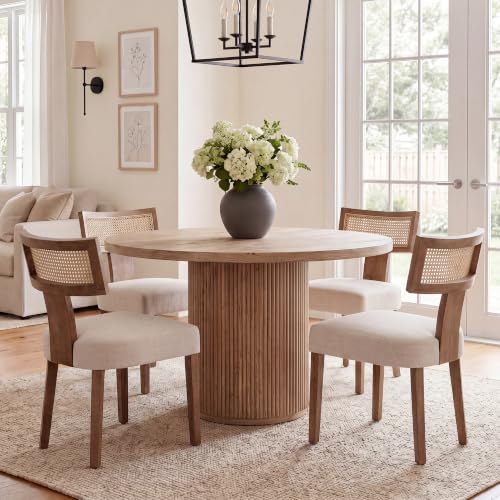 Image of HNY Mid Century Modern Rattan Dining Chairs Set of 4, Linen Upholstered Kitchen & Dining Room Chairs with Ergonomic Curved Back, Solid Wood Frame, Farmhouse Accent Chairs for Home, Apartment, Beige