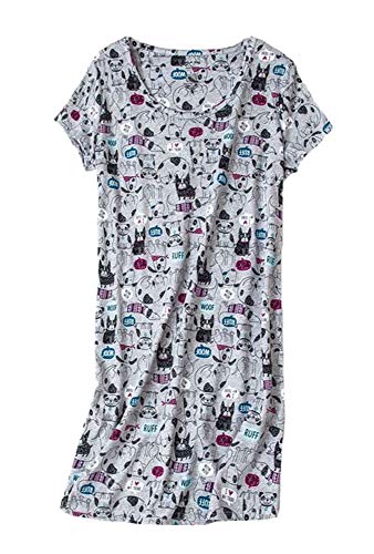 Inadays Sleepwear Women s Nightgown Cotton Sleepshirts Short Sleeve Nightshirt Print Sleep Dress R Neck Nightdress Loose Comfy Pajama SQ002-Dog-M