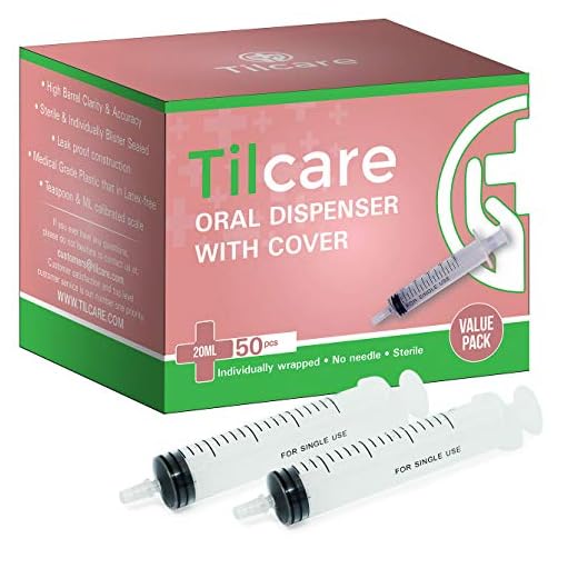20ml Oral Dispenser Syringe with Covers 50 Pack by Tilcare - Sterile Plastic Medicine Food Droppers for Children, Pets or Adults – Latex-Free Oral Medication Dispenser - Large Feeding Tube Syringes