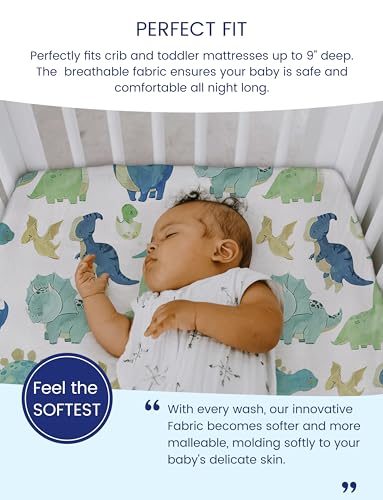 Image of TotAha Dinosaur Crib Sheets for Boys, Premium Soft Crib Mattress Fitted Sheet, Ultra Breathable Baby Sheets, Super Stretchy Baby Bed Sheets 28x52x9 Extra Deep Pocket, 2 Pack