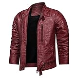 Herren Lederjacke - Herren Vintage Lederjacke Winter Casual Solid Herren Bekleidung Mode Motorrad Biker Herren Zip Pu Faux Jacken Mantel Herrenbekleidung Streetwear Oberbekleidung, Rot, XXL