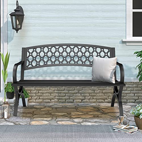 Outdoor Bench Garden Bench, Weatherproof Anti-Rust Heavy-Duty Outside Bench Clearance, Wrought Iron Metal Bench For Front Porch, Patio, Park, Ergonomic Backrest, Slatted Seat, Black/ 50 Inch Furniture #TOP1