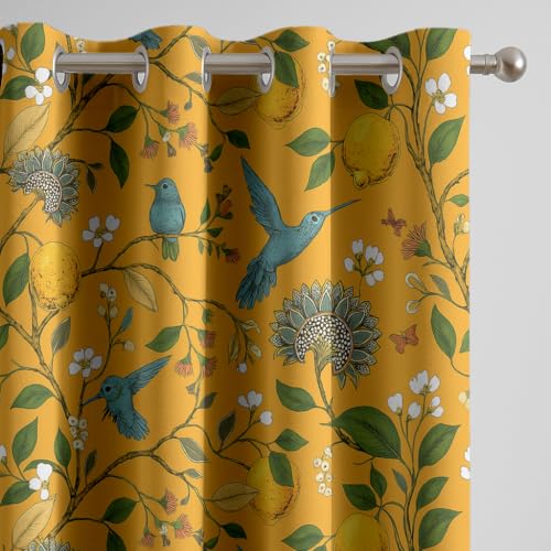 Image of BFAM Floral Print 100% Blackout Curtain with Black Linning at Back, Floral Print Curtains for Living Room /Bedroom Thermal Insulated Energy Saving, Yellow Bird, 8FT, Pack of 1 Curtain