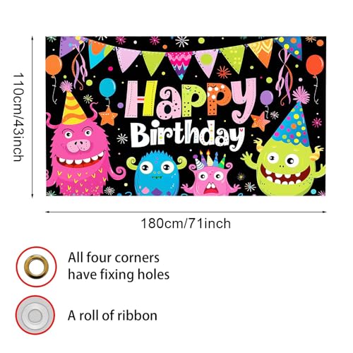 Image of Happy Birthday Backdrop Funny Monster Black Background Photography Background 70.8x43.3in Kids Party Decorations Boys Girls