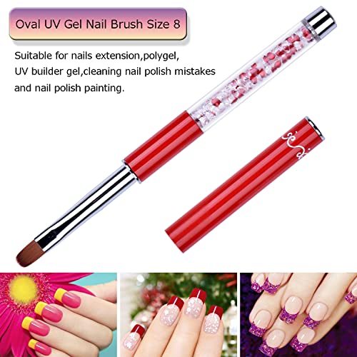 Ycyan 2Pcs Oval & Flat Uv Gel Nail Brush Set Rhinestone Handle Professional Nail Art Design Brushes Multi-Colored Size 8 #TOP2