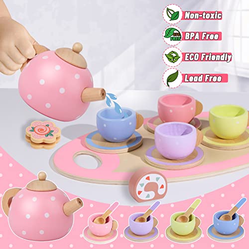 Wooden Tea Set For Little Girls,Pre-World 34Pcs Wooden Toys Toddler Tea Set With Play Food Dessert Cookies Tablecloth & Carrying Case,Kids Pretend Play Kitchen Accessories Toy For Girls Boys Age 3-5 #TOP3