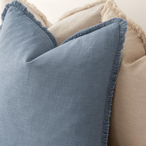 Image of Foindtower Set of 2 Decorative Linen Fringe Throw Pillow Covers Cozy Boho Farmhouse Cushion Cover with Tassels Soft Accent Pillowcase for Couch Sofa Bed Living Room Home Decor, 20x20 Inch, Misty Blue