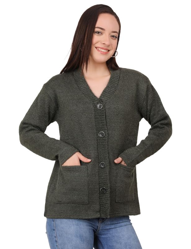 Image of MANRA Women's Woolen V-Neck Buttoned Full Sleeve Cardigan Self Design Soft Wool Fabric Winter Wear Pure Wool Sweater Fully Warm, Front Pockets Cardigan