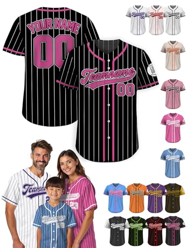 Custom Pinstripe Baseball Jersey for Men Women Youth Kid, Personalized Button Down Shirt Jerseys with Teamname Name Number Logo, Customized Black Pink Baseball Jersey for Team