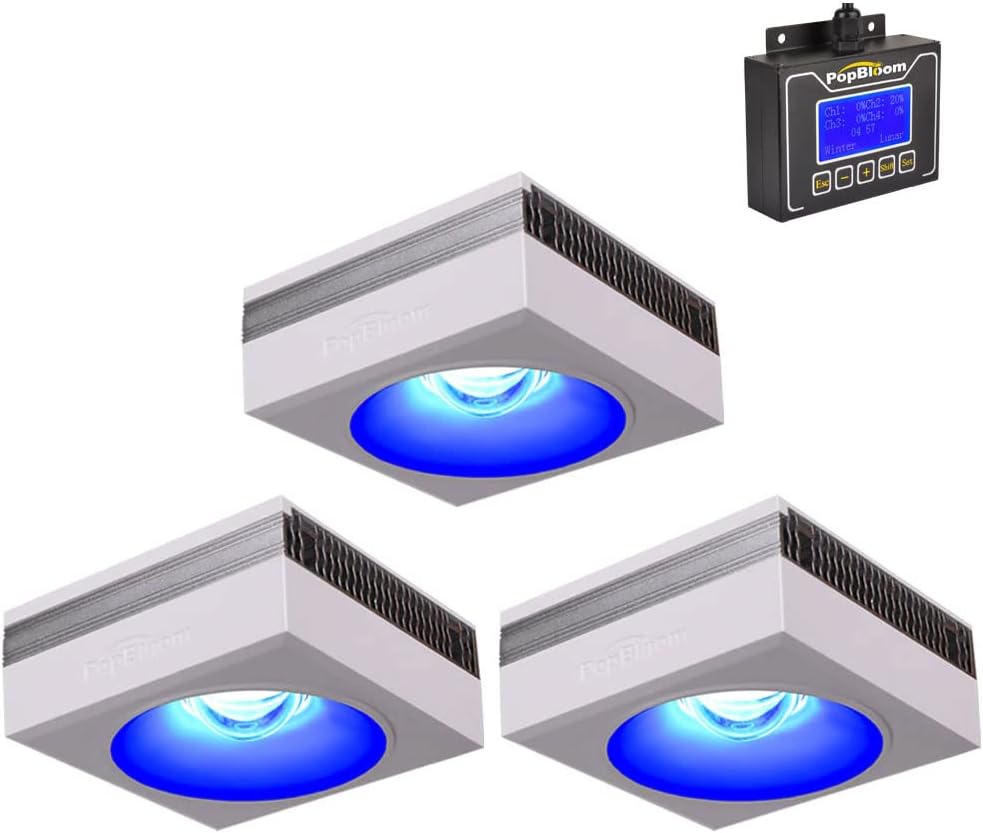 PopBloom RS90 luz led acuario marino, lampara acuario pantalla led acuario coral, luz de acuario marino reef iluminacion acuario para marino sps/lps led pecera acuario (3 lámparas con kit para colgar)