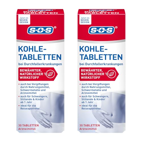 SOS Kohle-Tabletten, Kohletabletten bei Durchfallerkrankungen, Vergiftungen durch Nahrungsmittel, Durchfall Tabletten ideal für die Reiseapotheke, 2 x 30 Tabletten