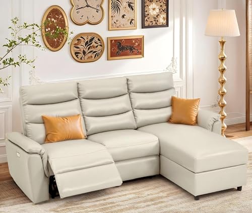 Esright Leather Power Reclining Sofa Set, Reclining Sectional Couches with Storage Chaise, Adjustable Backrest & Footrest, L Shaped Pull Out Couch for Living Room Home Theater Apartment RV (Beige)