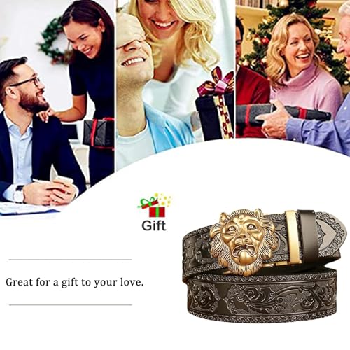 Men's Leather Ratchet Belt With Gold Lion Head Automatic Buckle, 1 3/8" Western Cowboy Embossed Strap3