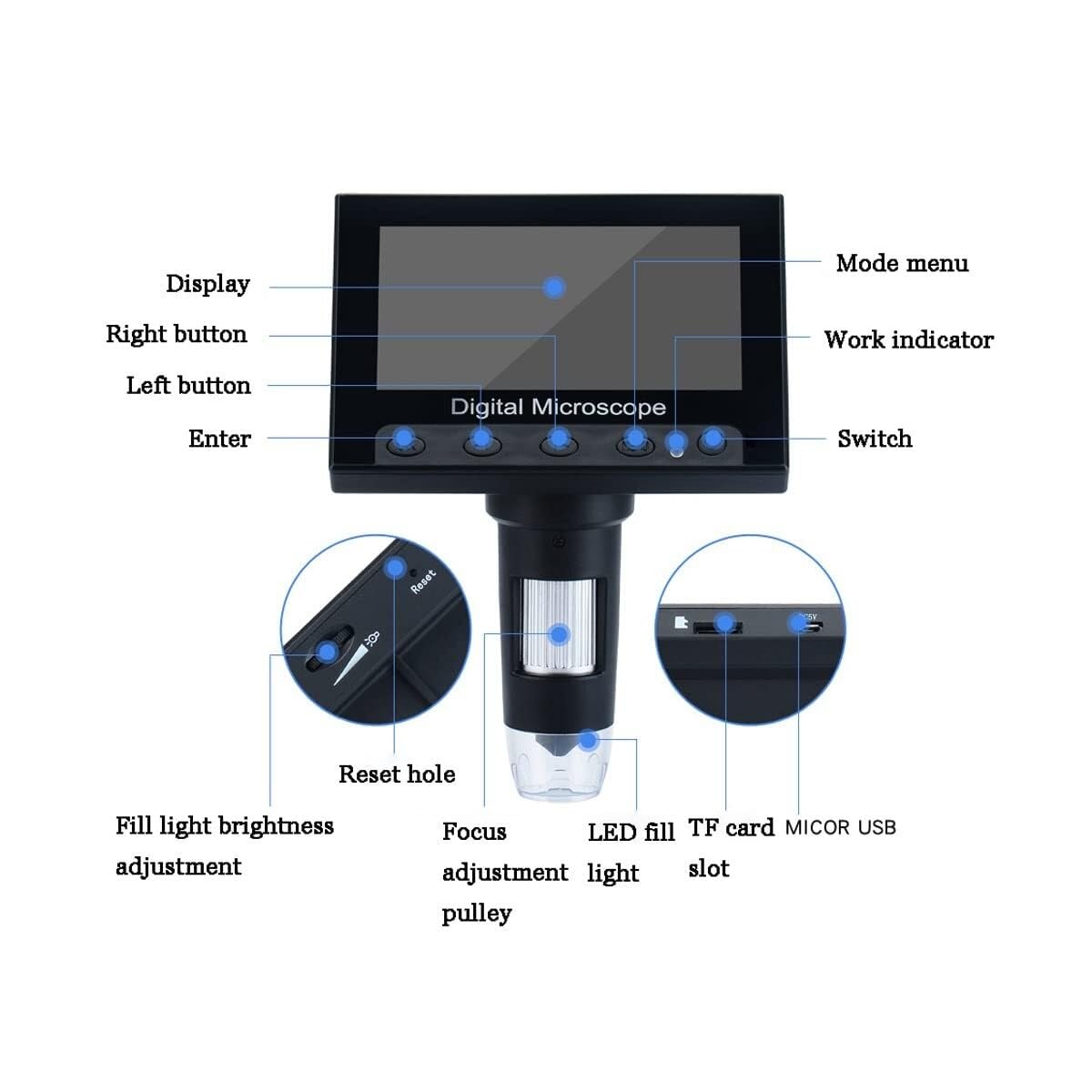 mikroskop cyfrowy LCD, powiększenie 50X-1000X z 8 regulowanymi diodami LED, mikroskop monet z wyświetlaczem 4,3 cala do lutowania PCB, dorosłych i dzieci