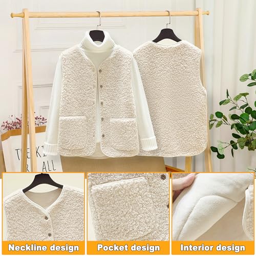 beifon Teddy Fleece Weste Damen Herbst Winter Warm, Ärmellos Fellweste Damen Einfarbig V-Ausschnitt Knöpfen Fleeceweste aus Teddyfell, Fell Weste Kurz Plüschweste Teddyweste Outwear Thermoweste