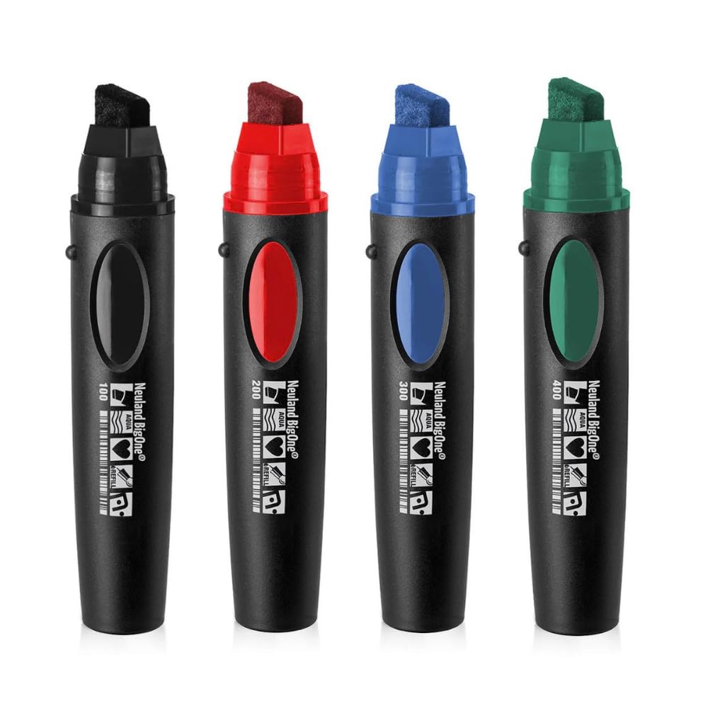 Neuland BigOne Flipchart Marker, Multicoloured Set of 4 with Chisel Tip 6-12 mm, Refillable Marker for Trainers, Moderators & Coaches, Ergonomic & Durable Flipchart Pen