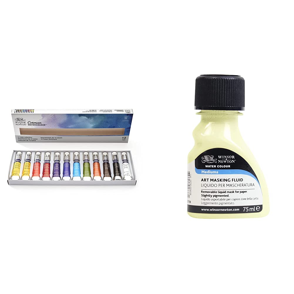 Cotman Watercolour '12 Tube Collection', 12 x 8ml Tubes and WN Art Masking Fluid - 75 ml, XCFAMF75