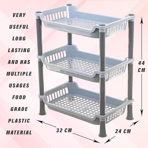 Image of Plastic 3 Layer Multi-Purpose Kitchen Storage Basket Rack|Vegetable Basket for Kitchen (Grey Tiered Shelf)