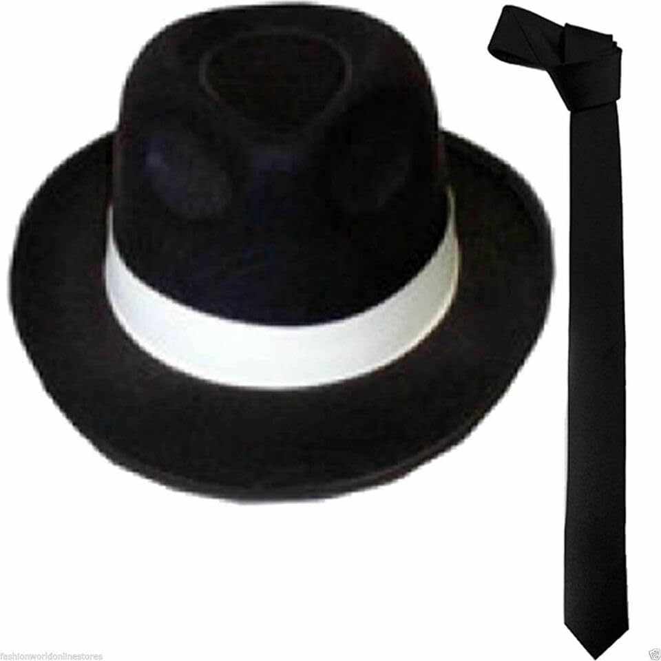 ANZEE Jackson Hat Sequin Glove Sunglasses & Bow Tie Set Pop Star & Gangster Cosplay Fancy Dress Party Costume Accessories (Black Hat+Tie)