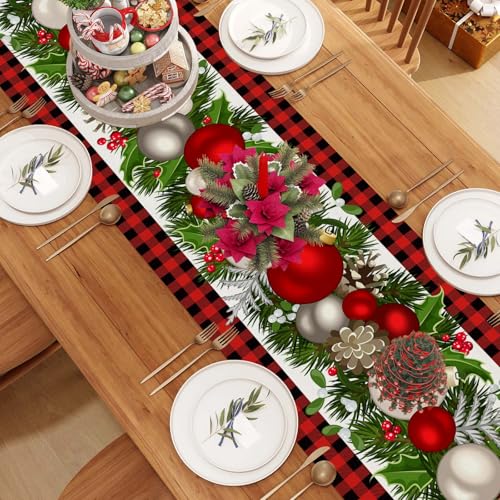Jiudungs LYN-1058-A Linen Red And Black Buffalo Check Christmas Table Runner 72 Inches Long Seasonal Winter Christmas Xmas Holiday Farmhouse Style Table Decoration thumb #3