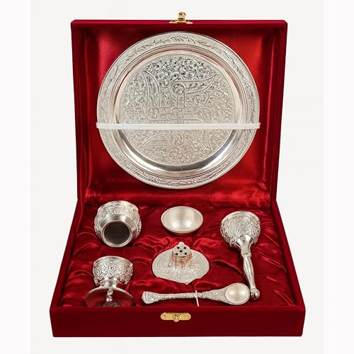 Image of Silver Plated Pooja Thali Set with Custom Name Box | 7-Piece Premium Religious Gift | Ideal for Corporate & Employee Gifting, Diwali, Housewarming & Every Festive Occasions (10 inch)