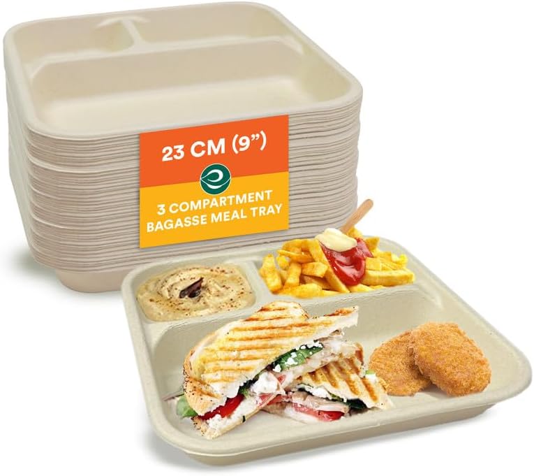 [3-Compartment, 25 Count] Disposable Meal Tray | Compostable Bagasse Plates | Eco-Friendly Biodegradable Dinner Plates | Party, Wedding, Event Plates, Beige