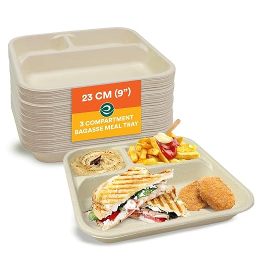ECO SOUL [3-Compartment, Pack of 50 Disposable Meal Tray | Compostable Bagasse Plates | Eco-Friendly Biodegradable Dinner Plates | Party, Wedding, Event Plates, Beige