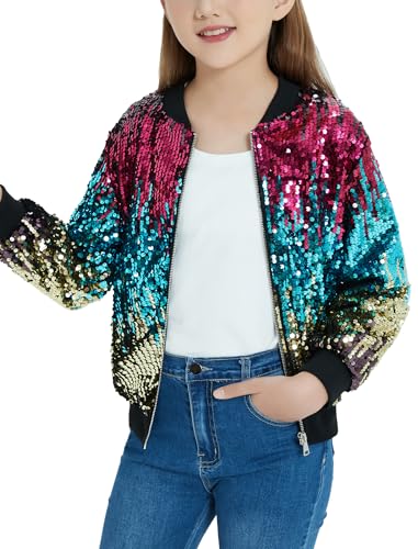 EXARUS Chaqueta bomber de lentejuelas brillantes con bolsillos para niñas de 6 a 12 años, Multicolor-b, 12 años