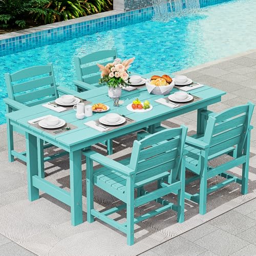 SERWALL Patio Table Set, 5-Piece Outdoor HDPE Furniture with Umbrella Hole, All Weather Dining Table and Chairs for Lawn, Garden, Poolside, Aruba