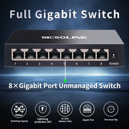 Image of 8-Port Gigabit Unmanaged Switch, Ethernet Splitter Hub, Plug & Play, Fanless Silent, Metal Case, Desktop /Wall Mount, Traffic Optimization for Home /Office /Gaming