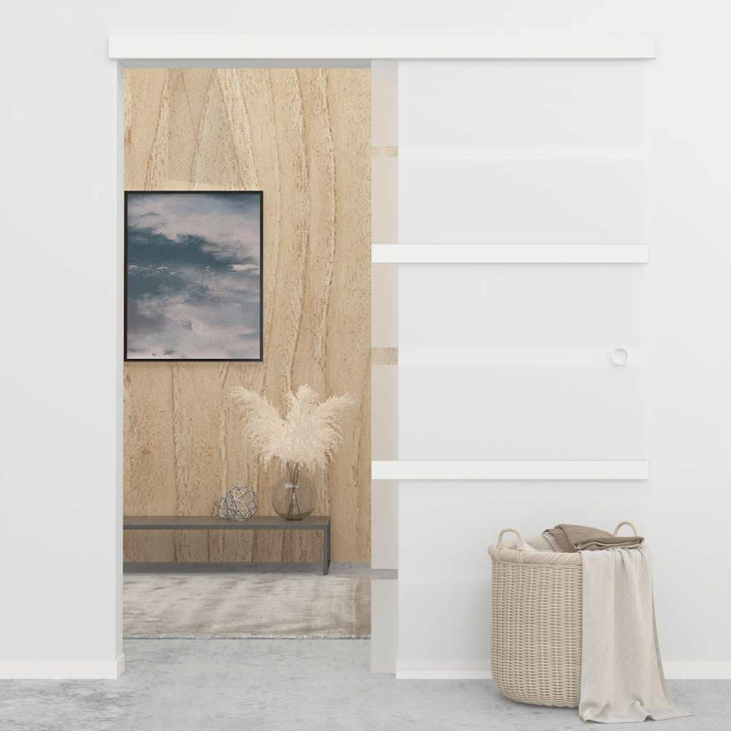Porta scorrevole in vetro ESG e alluminio, 90 x 205 cm, argento con vetro smerigliato e strisce trasparenti, include binario in alluminio, fermaporta, guida a pavimento e pomello