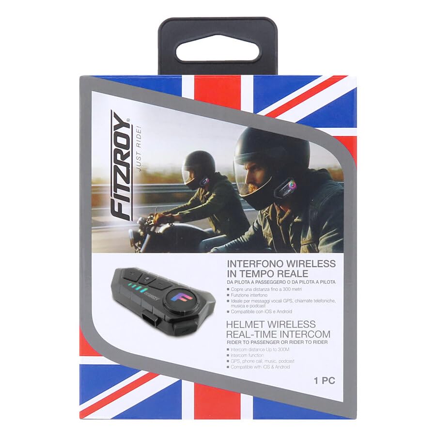 FITZROY Interfono Casco Moto Bluetooth 5.3 - Ideale per Interfono Moto Coppia Fino a 300m - Cancellazione Rumore CVC DSP e Impermeabile IPX6 - Batteria 1000mAh Universale per iOS e Android