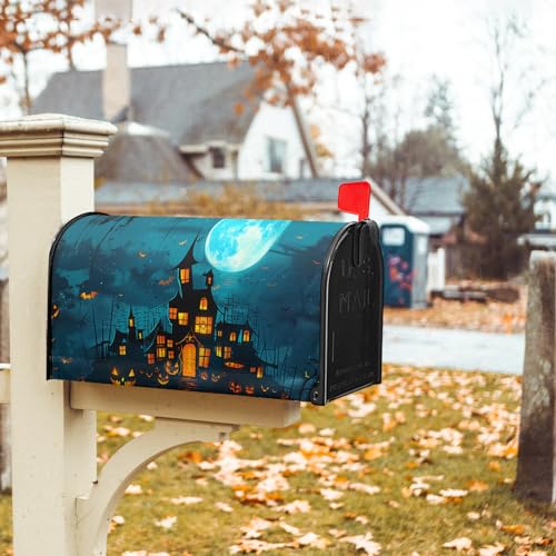 Image of Halloween Scary Night Pumpkin Mailbox Covers Magnetic Large Size 25.5 inchx21 inch Halloween Blue Moon Mailbox Covers Halloween Mailbox Decorations Letter Post Box Cover Mailbox Wrap for Home Garden Yard