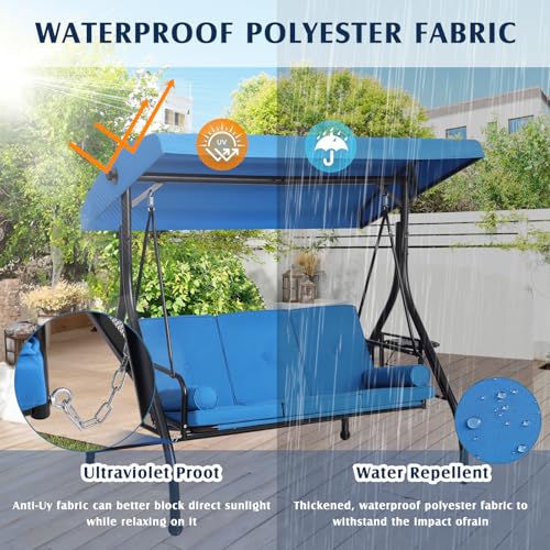 Image of Grepatio Outdoor Porch Swing with Canopy and Stand, 3 Person Patio Swing for Adults, Convertible 2 in 1 Porch Bed Swing with Cup Holder, 3 Seat Swings with 2 Pillow Cushions for Garden, Yard (Blue)