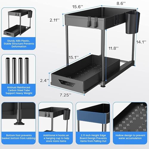 Image of Umite Chef Under Sink Organizer Rack Adjustable 2-Tier Shelf for Kitchen Cabinet, Expandable Storage Rack with Removable Panels,Professional for Kitchen Bathroom Carbon Stainless Steel - Black