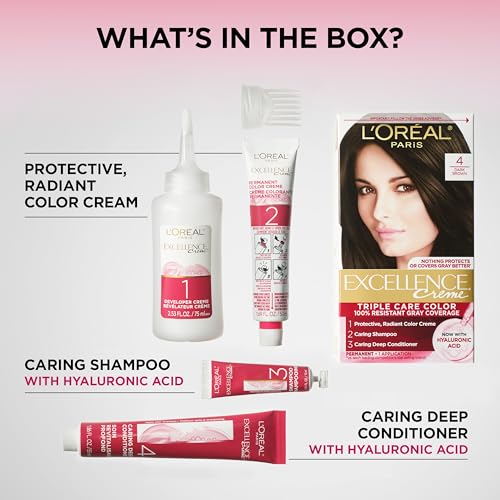 l39oreal paris excellence crme permanent hair dye triple care hair color with pro-keratine complex for 100 gray hair coverage 4 dark brown 1 kit