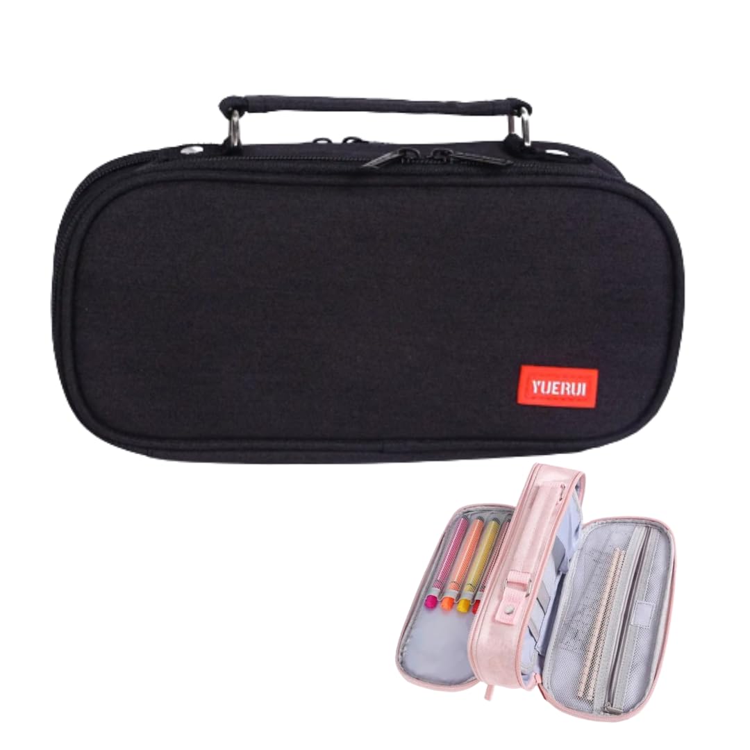 Estuche Escolar dos Compartimentos Grande, Estuche con Organizadores de Lápices Dos Cremalleras para Material Escolar y Oficina. Cartuchera Neceser dos Bolsillos con Asa. Bolso Juvenil (Negro)