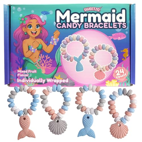 Mermaid Candy Bracelets, 24 Individually Wrapped Edible Jewelry, Girls Birthday Party Favors, 10.16 Ounces