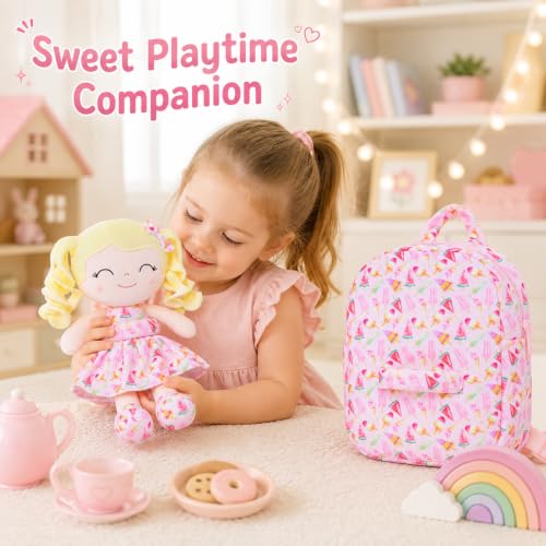 Image of Gloveleya Toddler Backpack Baby Girl Gifts Curly Hair Plush Figures Dress Backpack Kids Backpack Curly Spring Girl Fruit - Ice Cream 9inches