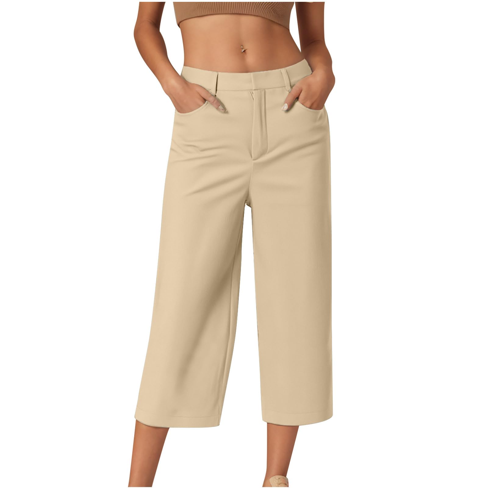 Womens Wide Leg Work Pants Business Casual Loose Straight Leg Capris High Waist Office Cropped Slacks with Pockets