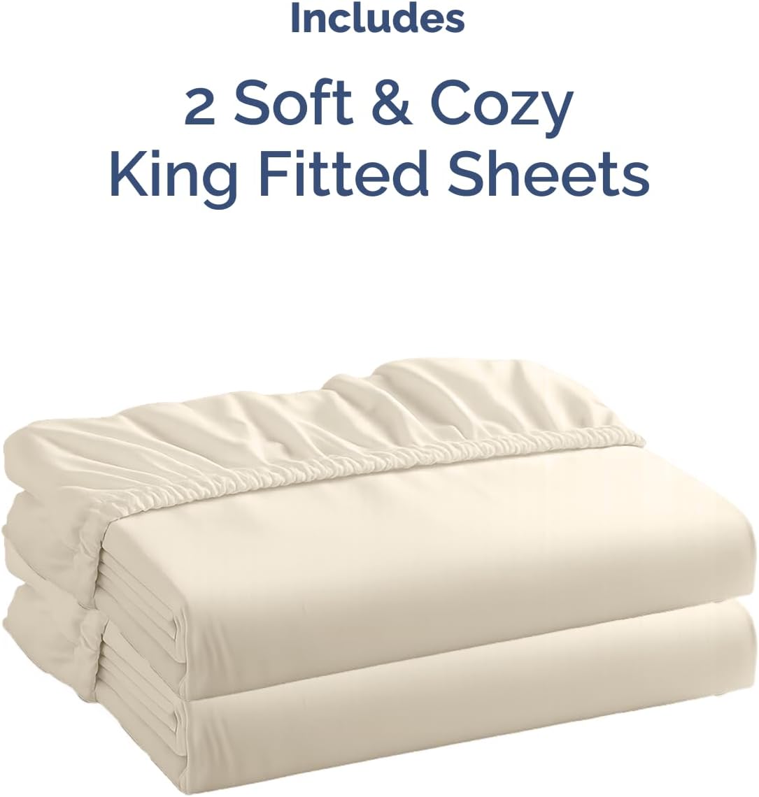 King Size Fitted Bed Sheet - Pack of 2 Single Fitted Bottom Sheet Only - Fits Mattress Up to 16" Deep Pockets - Extra Soft, Breathable & Cooling - Hotel Quality, Shrink and Wrinkle Free - Off White