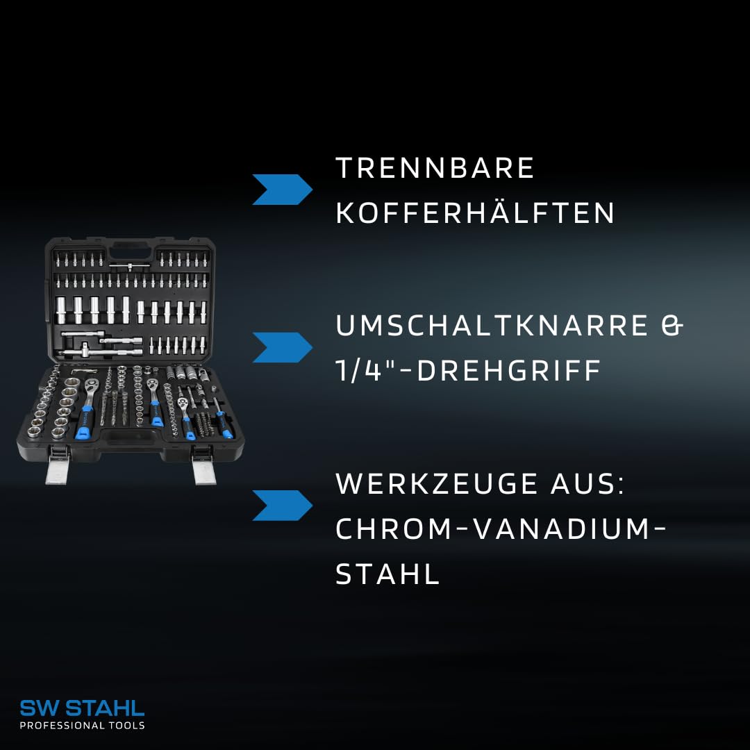 SW-Stahl 07784L Steckschlüsselsatz, 1/4", 3/8", 1/2" Zoll, 184-teilig I Ratschenkasten I Knarrenkasten I Nusskasten