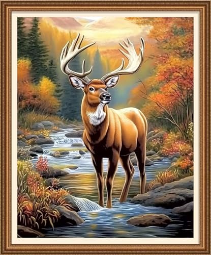 Image of Disnesart Cross Stitch Stamped Full Embroidery Kits DIY 11CT Cotton Thread Printed DIY Needlepoint Kits Craft Needlework Set Cross-Stitch Stamped Sets-Stream elk 16x20 inch