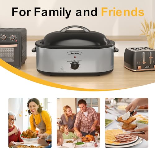 Sunvivi 24lb 20-Quart Roaster Oven, Electric Roaster Oven with Self-Basting Lid, Turkey Roaster with Unique Defrost/Warm Function, Large Roaster with Removable Pan & Rack, Stainless Steel, Silver