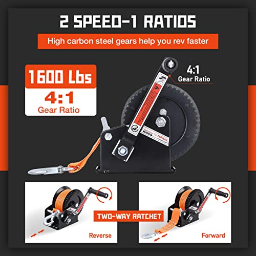 1600Lbs Boat Trailer Winch With 33Ft Strap, Portable Hand Crank Winch Hardened Steel Ratio 4:1 Gear, Two Way Ratchet Heavy Duty Hand Winch With Hook For Boat Trailer Towing Rv Atv Truck #TOP1