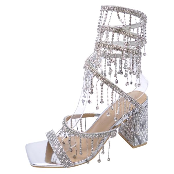 Wild Diva Women's Molla-01 Chandelier Embellished Rhinestone Spiral Coil Wrap Around Chunky Block Heels