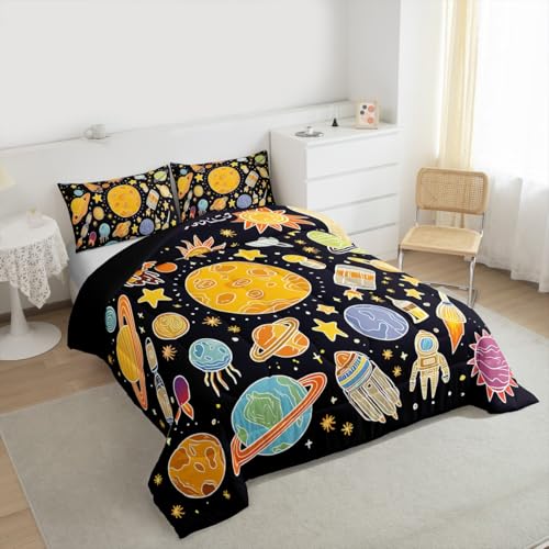 Image of Feelyou Outer Space Comforter Set Queen, Solar System Bedding Set for Kids Planet Solar System Comforter Boys Girls Educational Duvet Set with 2 Pillow Case