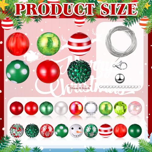 Realspring 100 Pcs 20 mm Christmas Rhinestone Bubblegum Beads for Pens Bulk Crystal Resin Acrylic Plastic Spacer Chunky Beads for Christmas DIY Craft Keychain Bracelet Jewelry Making Holiday Decor by Realspring - Image 3